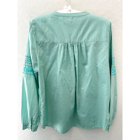 SOFT SURROUNDINGS | Teal Embroidered Cotton Boho Tassel Blouse Top | Medium - Picture 5 of 7